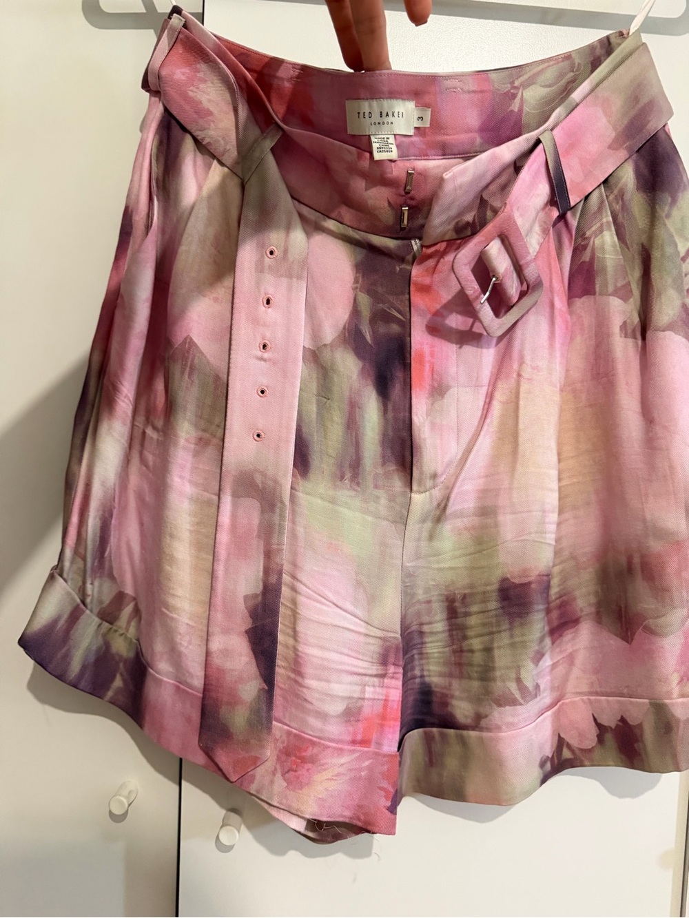 Ted Baker Pink and Green Watercolor Pleated Skirt with Belt